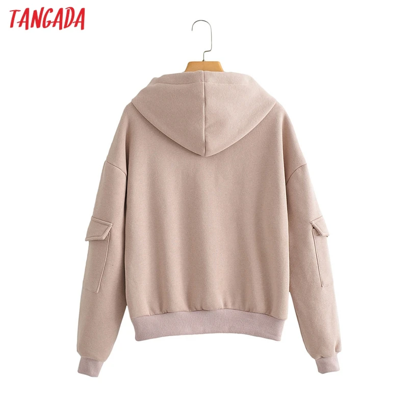 

Tangada women amygreen fleece hoodie sweatshirts oversize pocket long sleeve boy friend style hooded jacket JA519