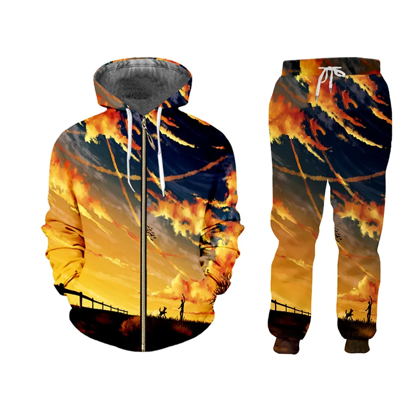 

UJWI 2 Pieces Sets Tracksuit Men Hooded Sweatshirt+pants Pullover Hoodie Sportwear Stand-up jacket Anime sky Casual Men Clothes