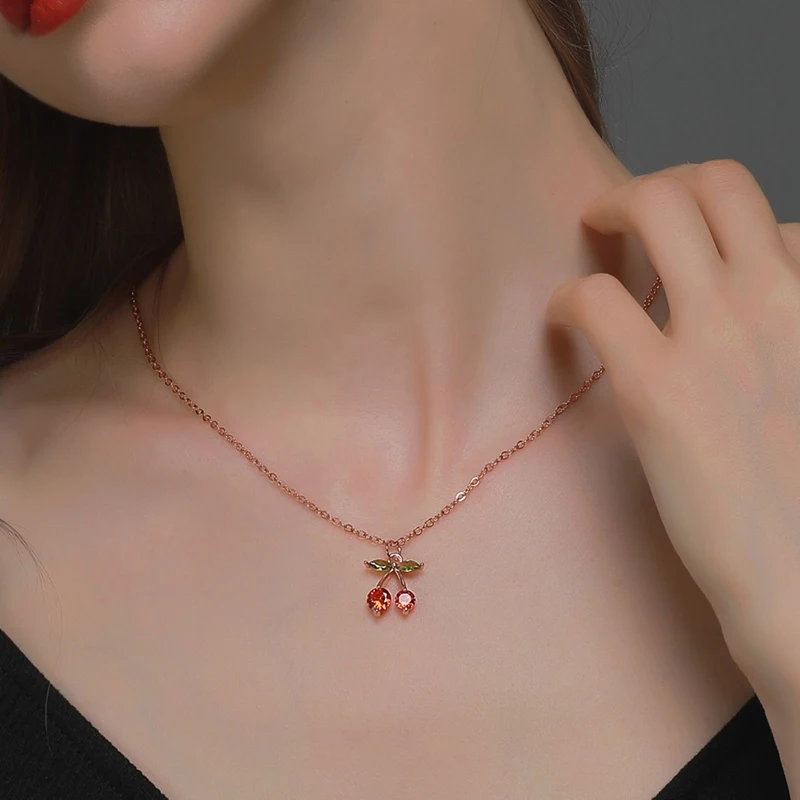 Sweet Little Cherry Necklace For Women Copper Inlaid Zircon Fruit Pendant Necklace Winter Wild Sweater Chain