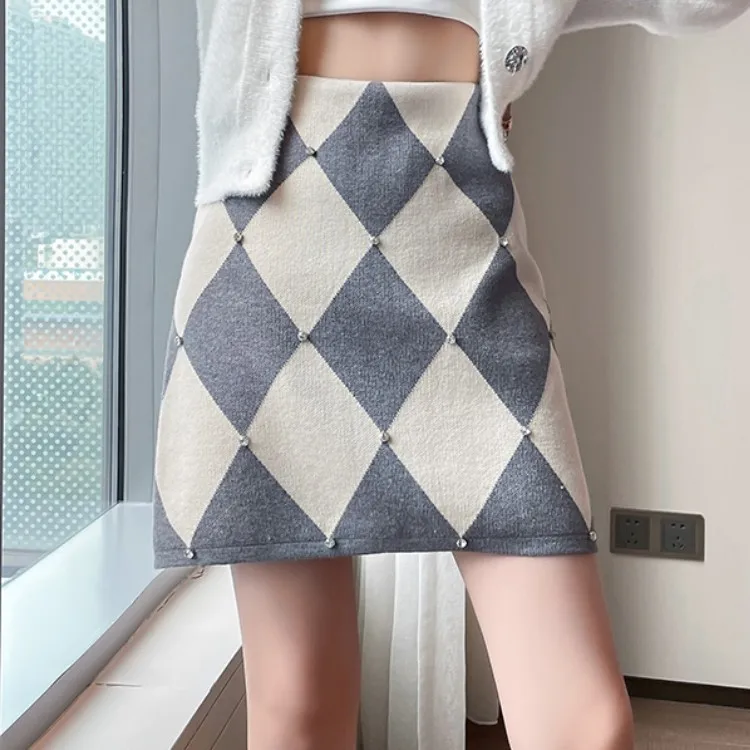 

Осень-зима 2021, модная женская клетчатая вязаная эластичная мини-юбка с высокой талией, женская элегантная вязаная юбка, женские юбки