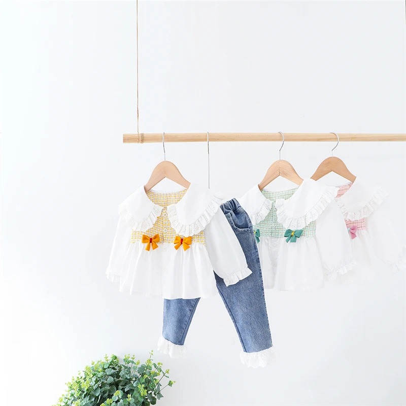 

HYLKIDHUOSE Toddler Infant Clothes 2021 Spring Baby Girls Clothing Sets Lace Bowknot Princess Tops Pants Children Kids Clothes