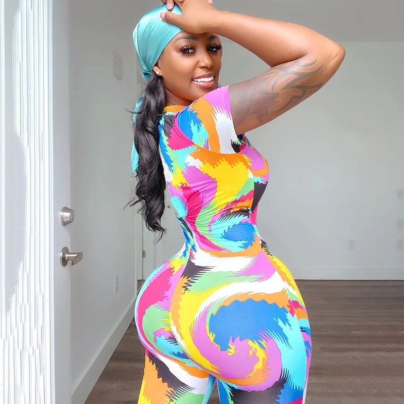 

Print Lace Up Hollow Out Bodycon Rompers Womens Jumpsuit Short Sleeve Fashion Fitness Sporty Workout Jumpsuits Casual