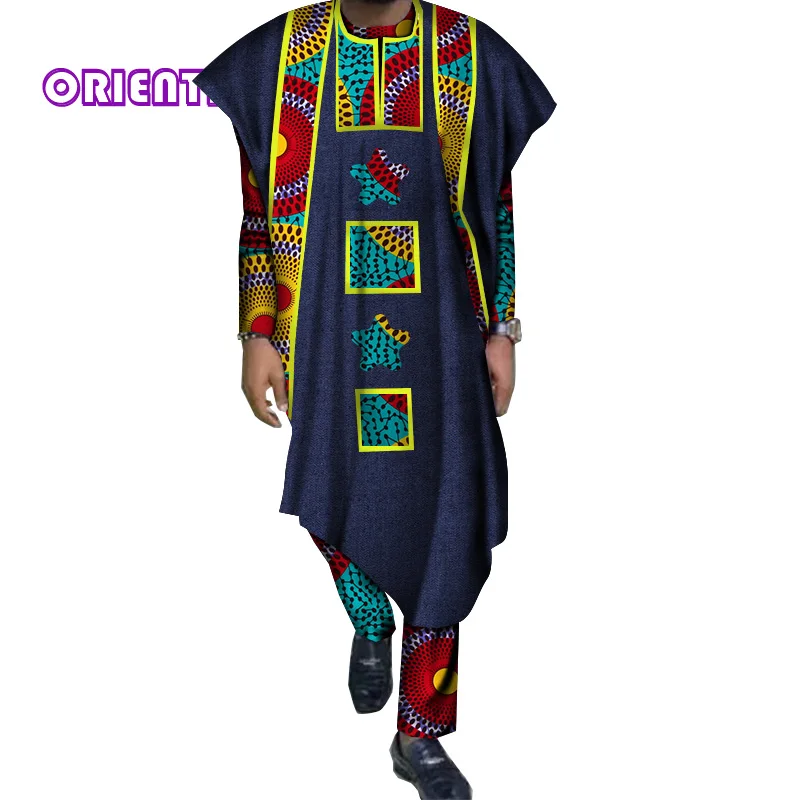 

African Men Outfits Long Sleeve Shirt Ball Gown and Pants Set Traditional African Bazin Riche Print Tops Gown and Trousers WYN60