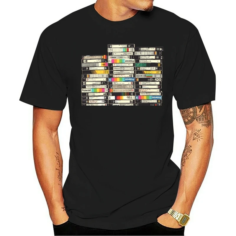 

80's Party Costume Movie Black T Shirt Tops Tshirt Homme Cheap Crew Neck Men'S Top Tee Retro VHS Video Cassette Tape Stack