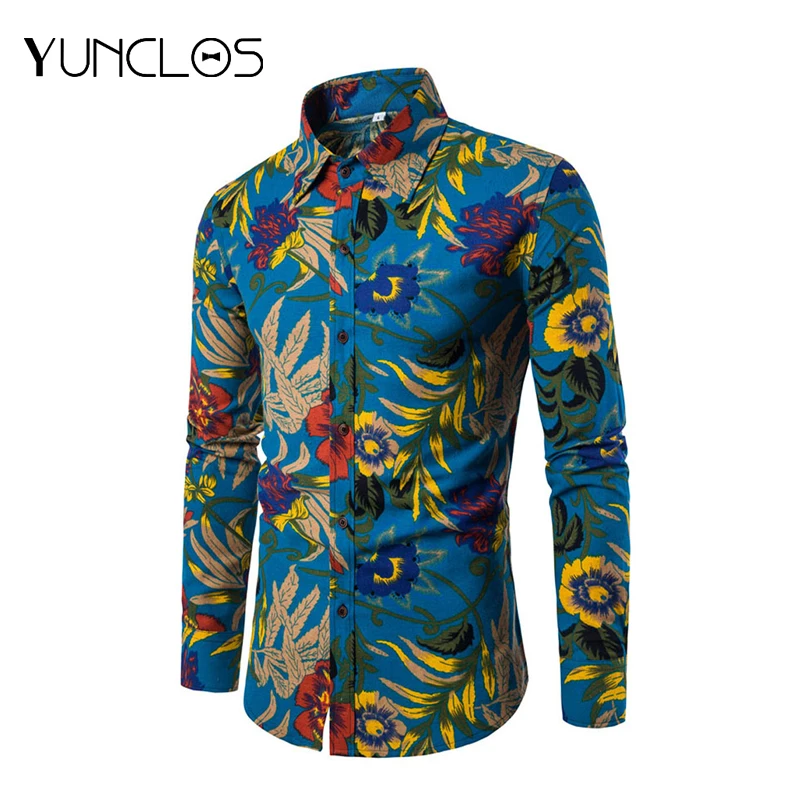 Мужская рубашка из льна с длинным рукавом в этническом стиле повседневная яркая