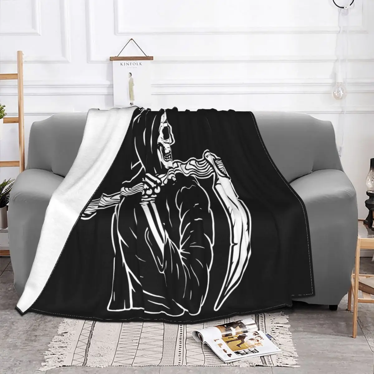 Черно-белое одеяло Grim Reaper зимнее покрывало с черепом и мертвецами плюшевое