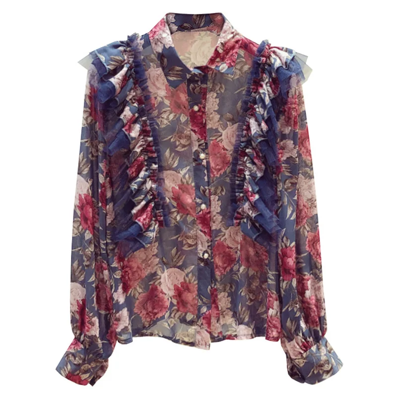 

Ruffles Sweet Flower Print Chiffon Blouse 2020 Autumn New Long Sleeves Shirt Women's Blouses and Tops Blusas Mujer A3869