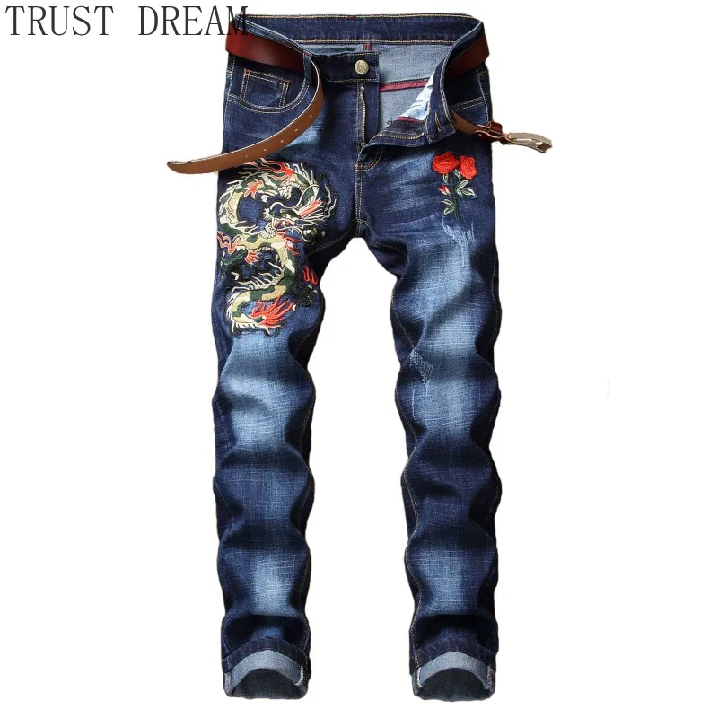 Мужские эластичные джинсы с вышивкой повседневные облегающие Клубные брюки