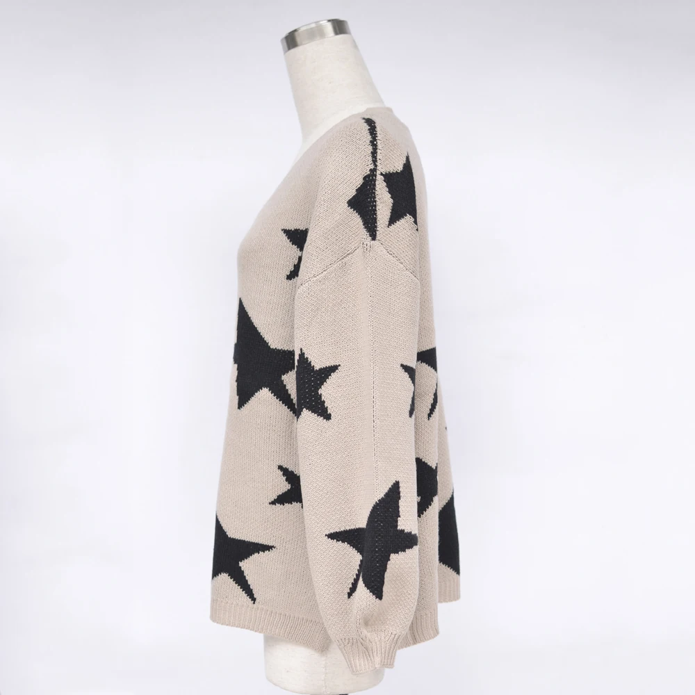 Свитер женский осенний вязаный с V-образным вырезом и рукавами-фонариками |