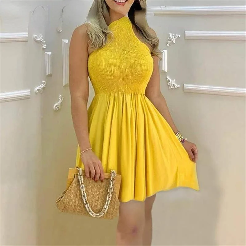 

2021 summer women's elegant and dignified O-neck sleeveless solid color pleated mini dress A-line chic solid color dress