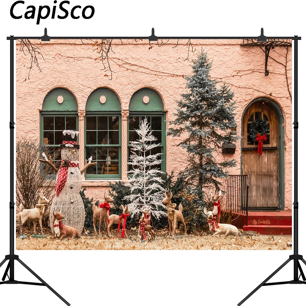 

Capisco Merry Christmas Backdrops Photography Printed tree Snowman wood door Kids New Year Party Themed Photo Booth Background
