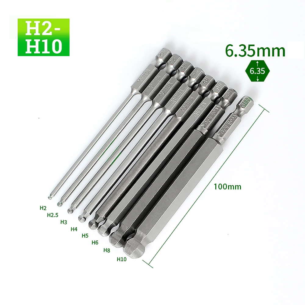 

1set/8pcs Electric Screwdriver Bit H2 2 2.5 3 4 5 6 8 10 Magnetic Ball Head Driver S2 Hex S1/4 High Torque 100mm Long hand Tool