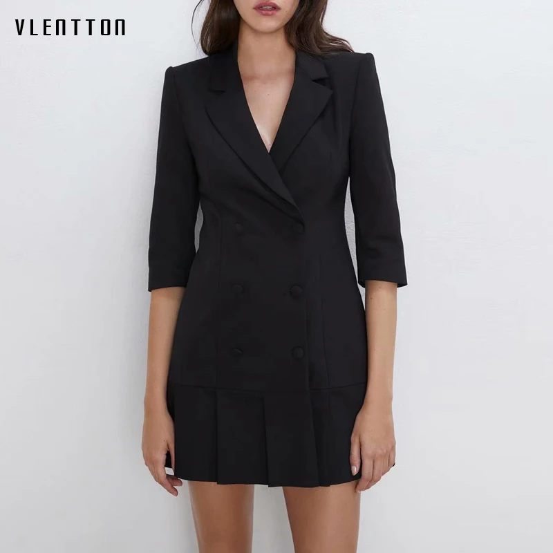 Женское двубортное платье блейзер с v образным вырезом и оборками черное