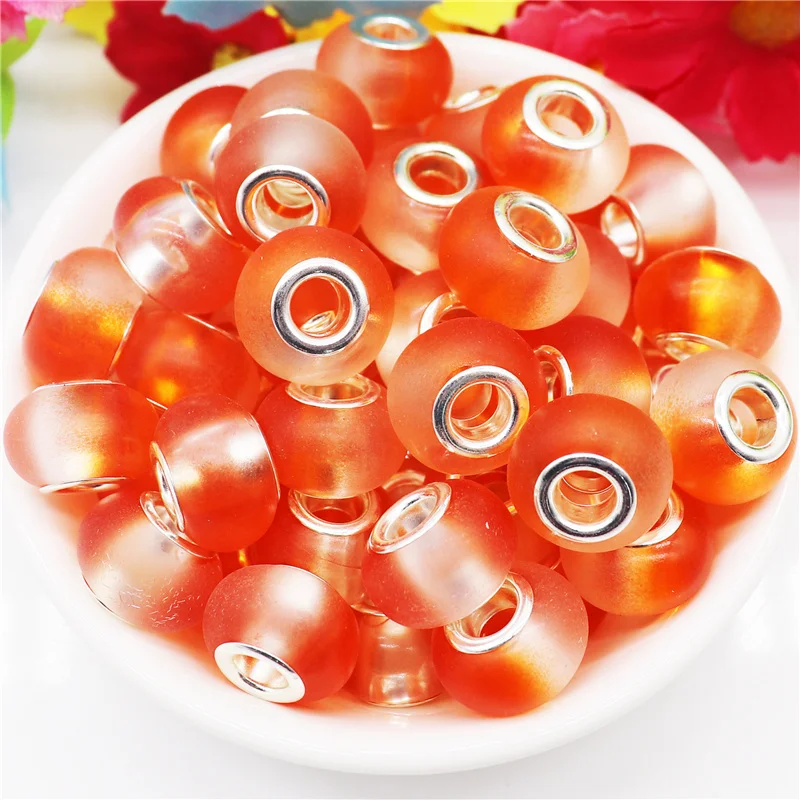 

10Pcs Cute Two Matte Color Resin Muranos Silver Plated Large Hole Beads Fit Pandora Bracelet Bangle Chain Spacer Charm Necklace