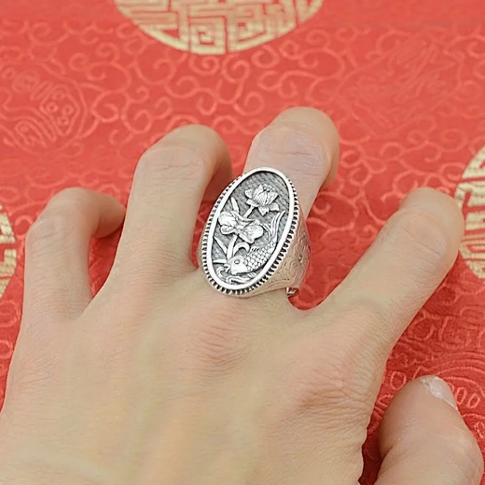 Кольцо из серебра 999 пробы с рисунком лотоса и рыбы | Украшения аксессуары