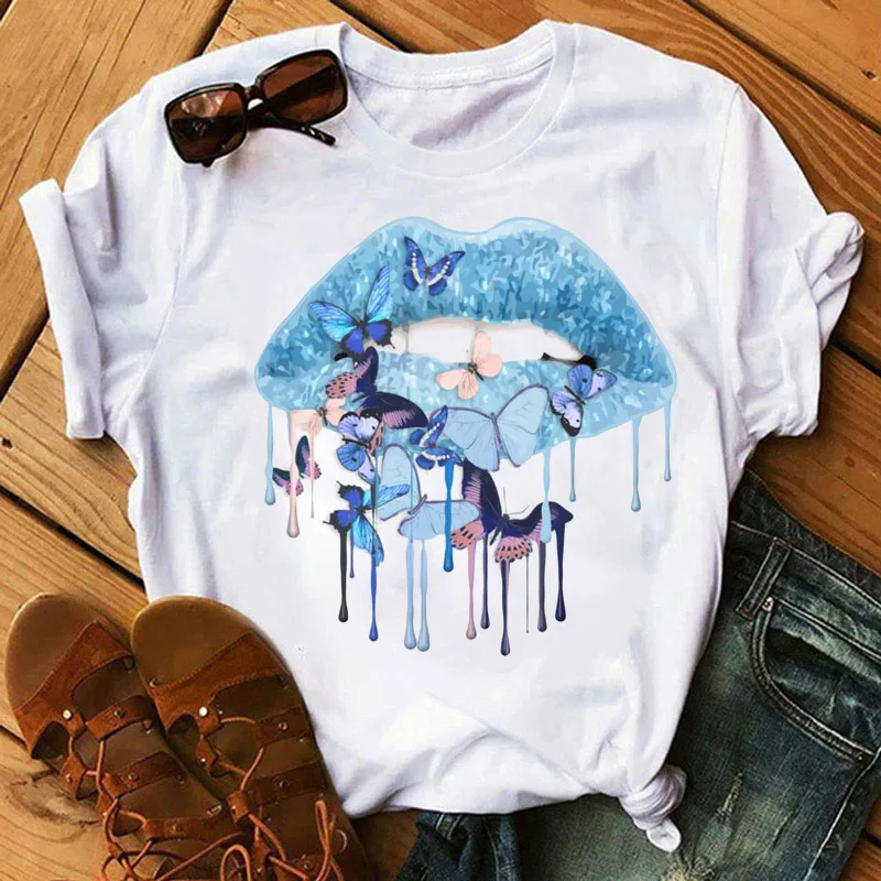 

Blue Lips Butterflies Printing T Shirt Fashion Women T Shirt Female Summer Casual Cute Tops Tee 90s Ladies Women Graphic T-shirt