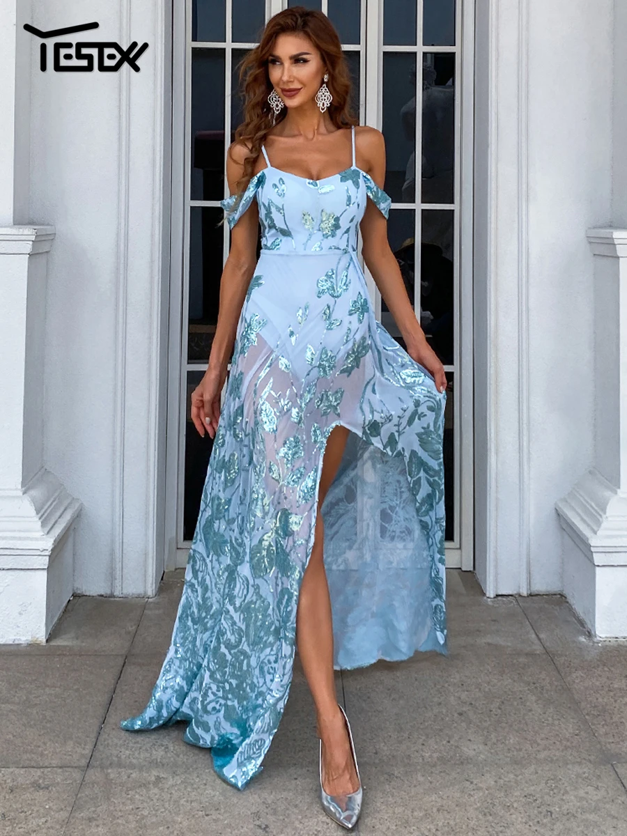 

Yesexy Women Dresses Sexy Bodysuits Spaghetti Strap Party Playsuits Elegant Floral Print Sequins Backless Fashion Body-suits