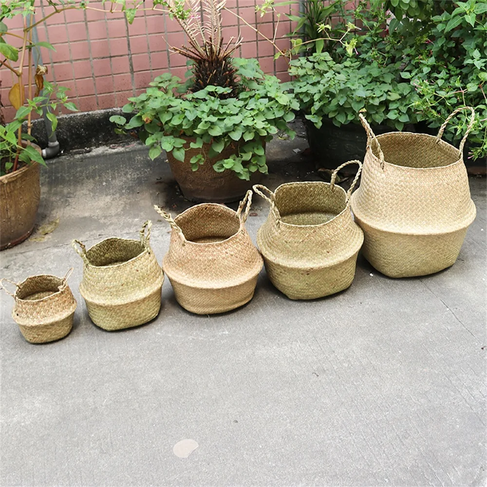 Natural Бытовые складные натуральные водоросли тканые корзины, для хранения садовая Цветочная ваза подвесная корзина с ручкой пузатая корзина для хранения - Цвет: Natural