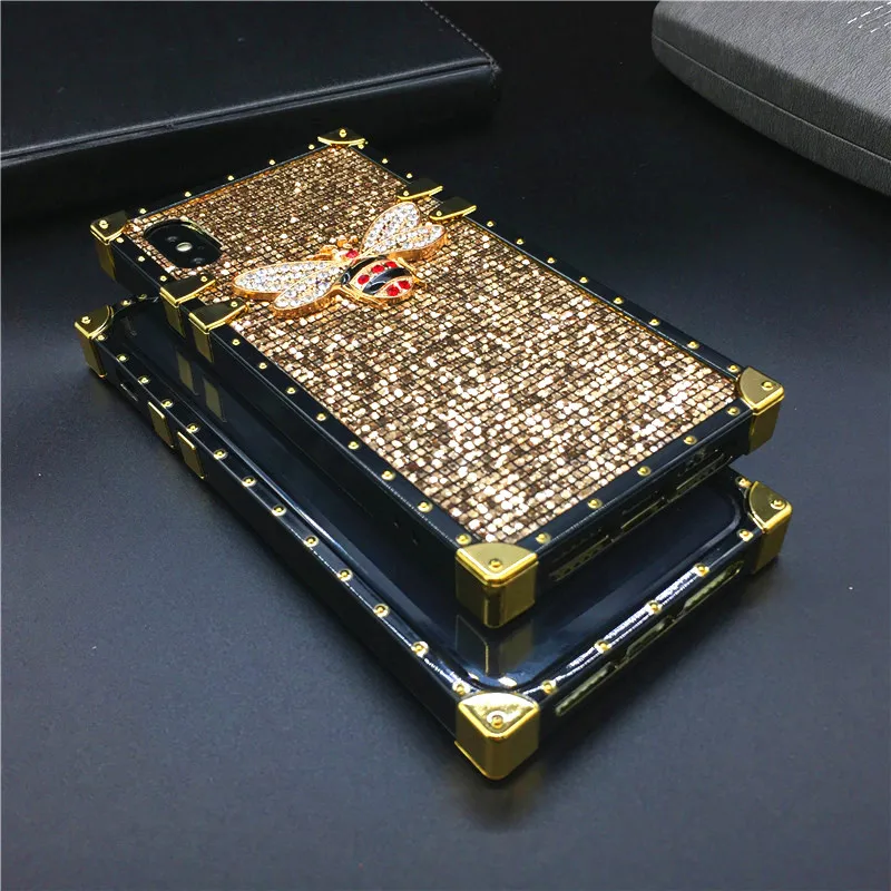 Роскошный брендовый чехол с Пчелкой для iPhone XS Max 12 PRO X XR 6 6S Plus квадратный блестящий