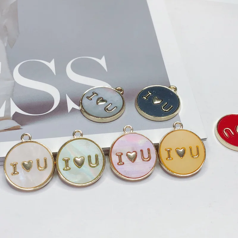 

10pcs/lot DIY jewelry accessories candy color round charm simple alloy I love U pendant necklace earrings jewelry materials