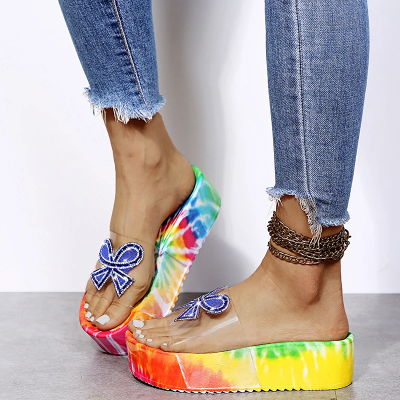 

Summer Female Platform Slippers Butterfly Patchwork Thick Bottom Slides Fashion Flat Shoes PU Casual Women Beach Slippers