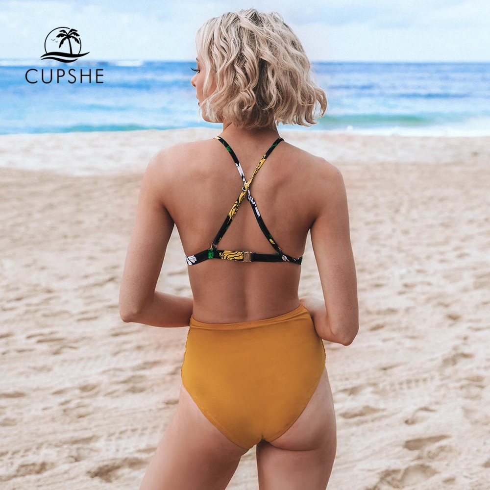 CUPSHE цветочный и однотонный гофрированный с высокой талией бикини сексуальный