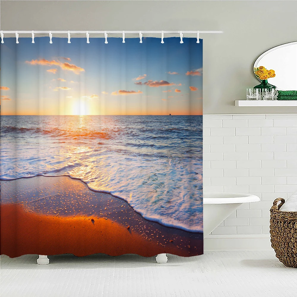 

Sunlight Ocean Dusk Beach Plants Fabric Shower Curtain Waterproof Bathroom Curtains Sunset Sea Scenery Bath Screen with 12 Hooks