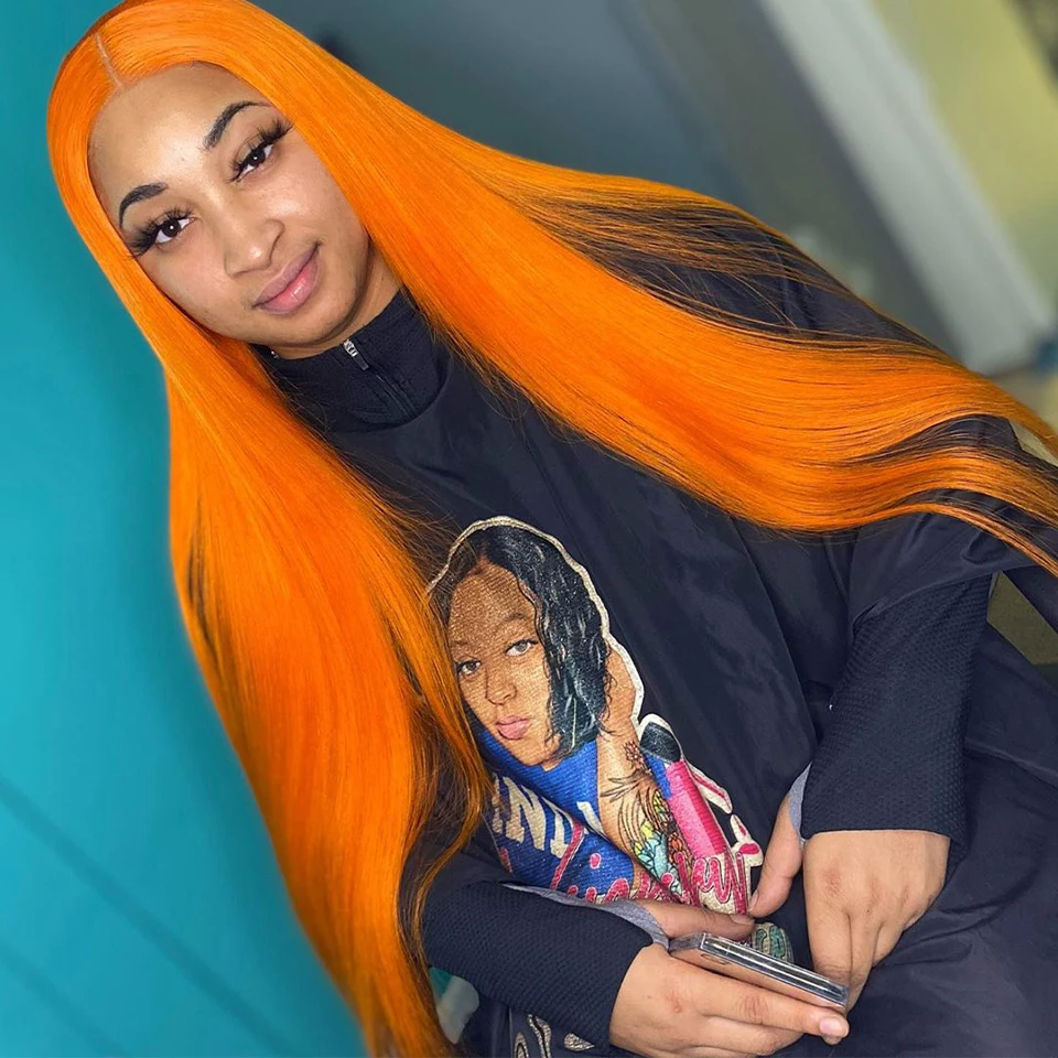 

Silky Straight Middle Part Ginger Orange Lace Frontal Wig With Baby Hair 26 Inch Long Heat Resistant Preplucked Synthetic Hair