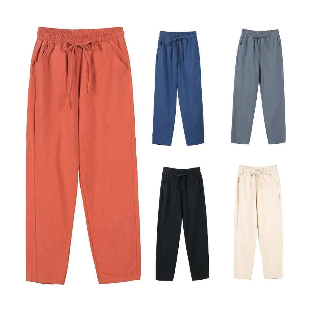 

Harem Pants Solid Color Pockets Casual Slacks Women High Waist Drawstring Trousers for Sports