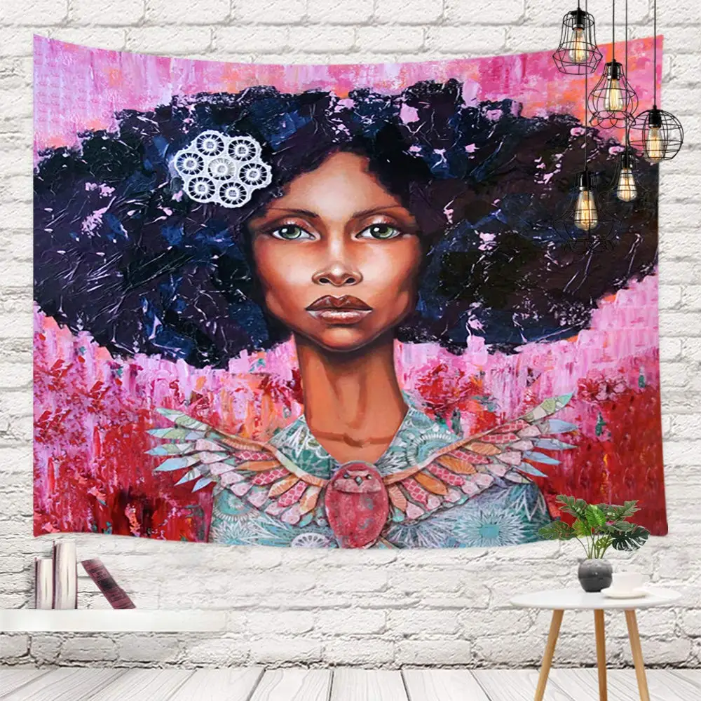 Tapiz de pared de mujer afroamericana Afro, pelo negro, acuarela, Hip Pop-0
