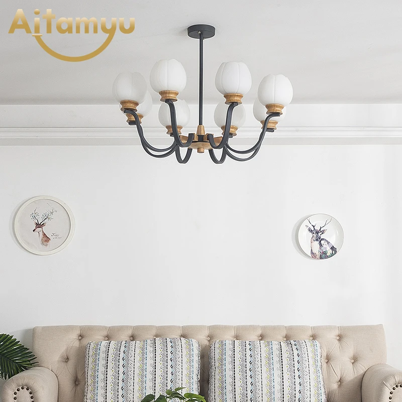 Nordic Wooden Chandelier Solid Wood LED Ceiling E27 With Glass Lampshade creative Lighting Fixtures Hanging Light | Лампы и освещение