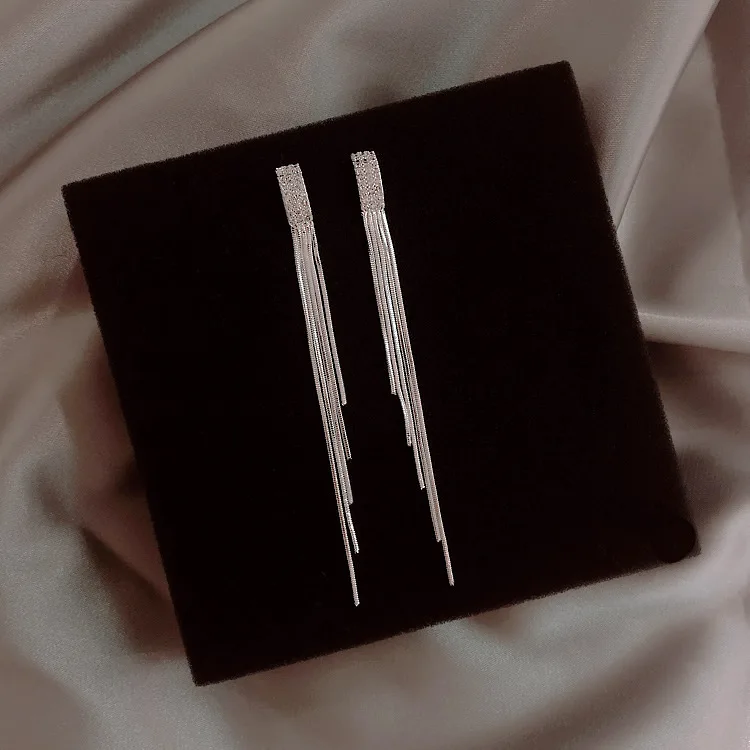 

Blingbling Fashion Female Jewelry S925 Needle 14k Gold Geometric Long Tassel Earrings Zircon Paved Temperament Godness Accessory