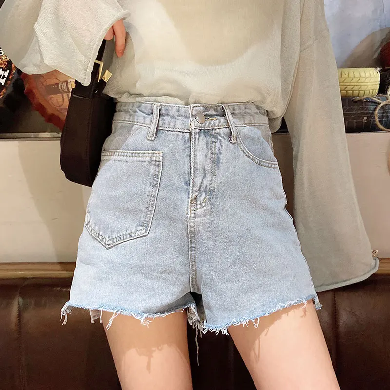 

Chic Khaki 2020 New Korean Style Student Versatile Burr Large Pocket Wide Leg Hot Pants High Waist Denim Shorts for Women