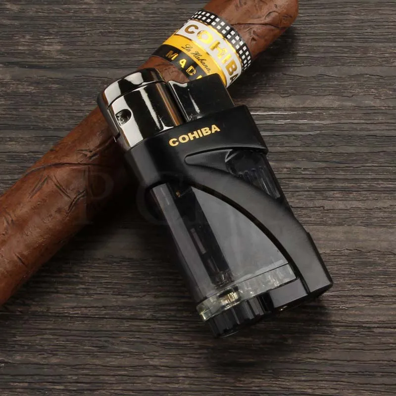 COHIBA фонарь газовая зажигалка карманная Ветрозащитная 2 струйная Зажигалка для сигар наружная металлическая газовая зажигалка многоразовые аксессуары для сигар - Цвет: Black