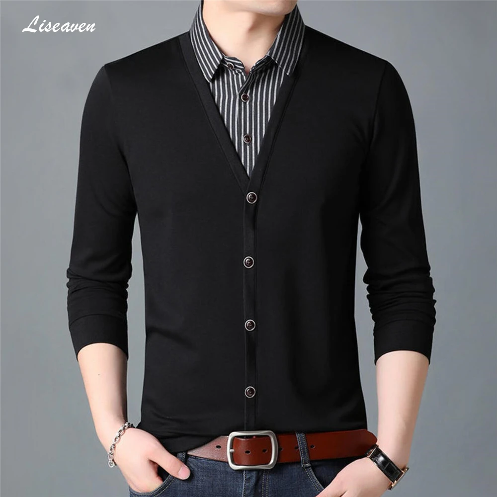 

Liseaven для мужчин футболка в стиле пэчворк с имитацией двух отдельных изделий дизайнерские хлопковые рубашки с длинными рукавами, с отложным воротником, для мужчин, большеразмерная футболка одежда