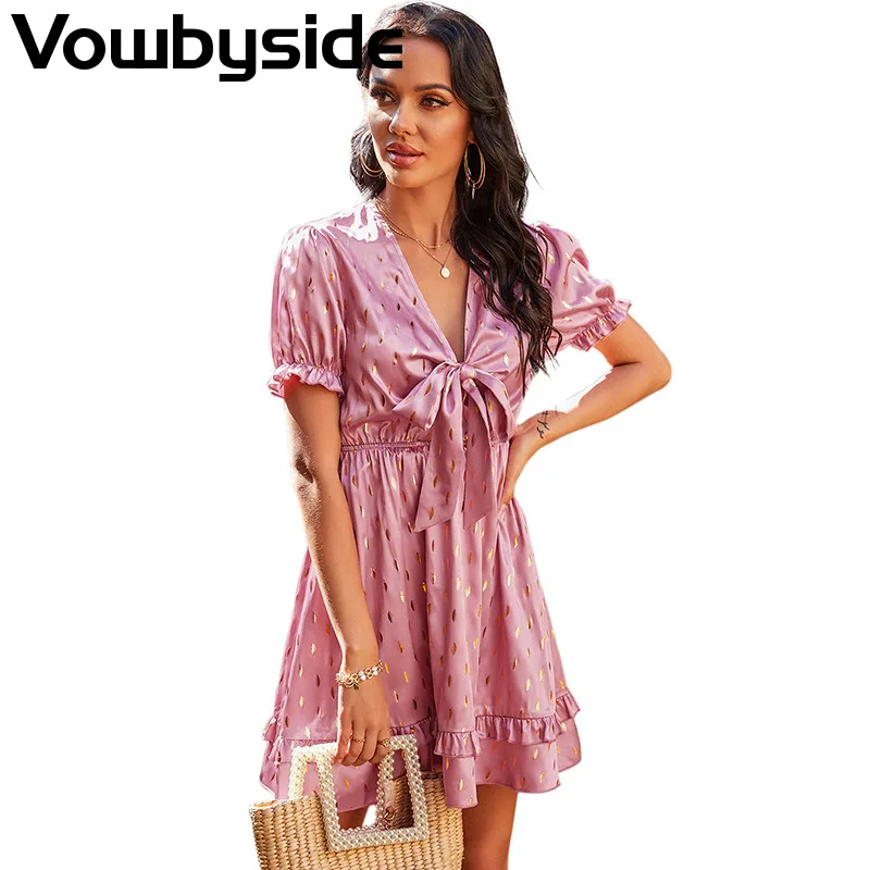 

Summer New Style Women's Dress V-neck Bow Short Sleeved Pink Dress