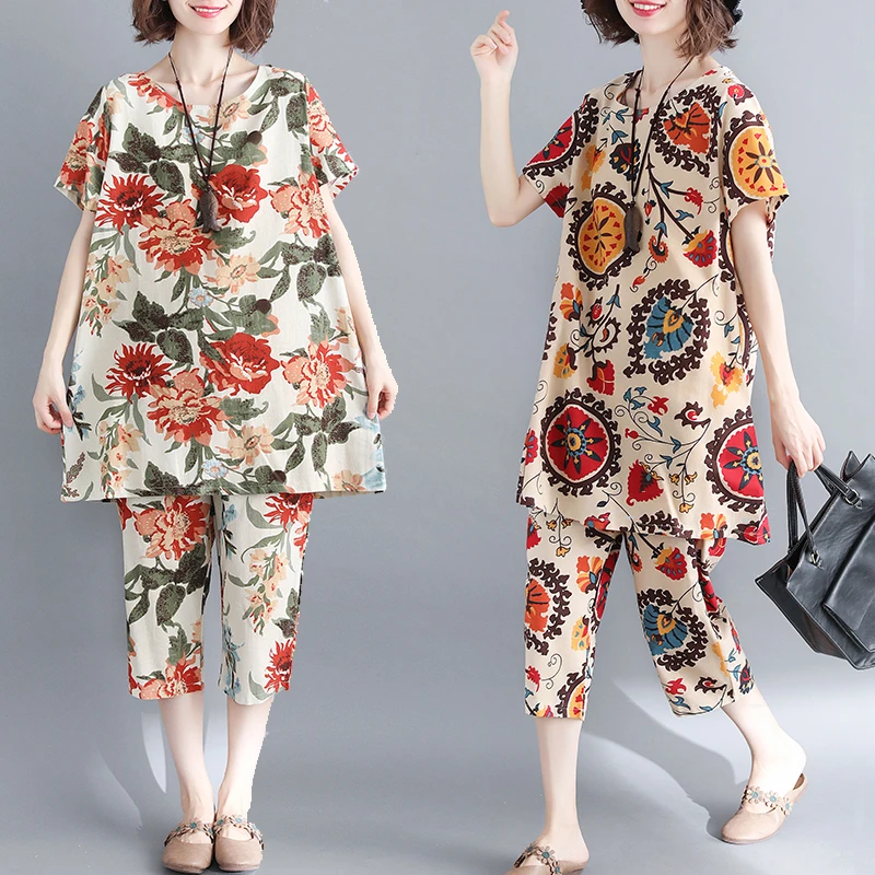 

Cotton and linen women's suit summer new linen retro printed fabric lwide-leg pants national wind two-piece suit