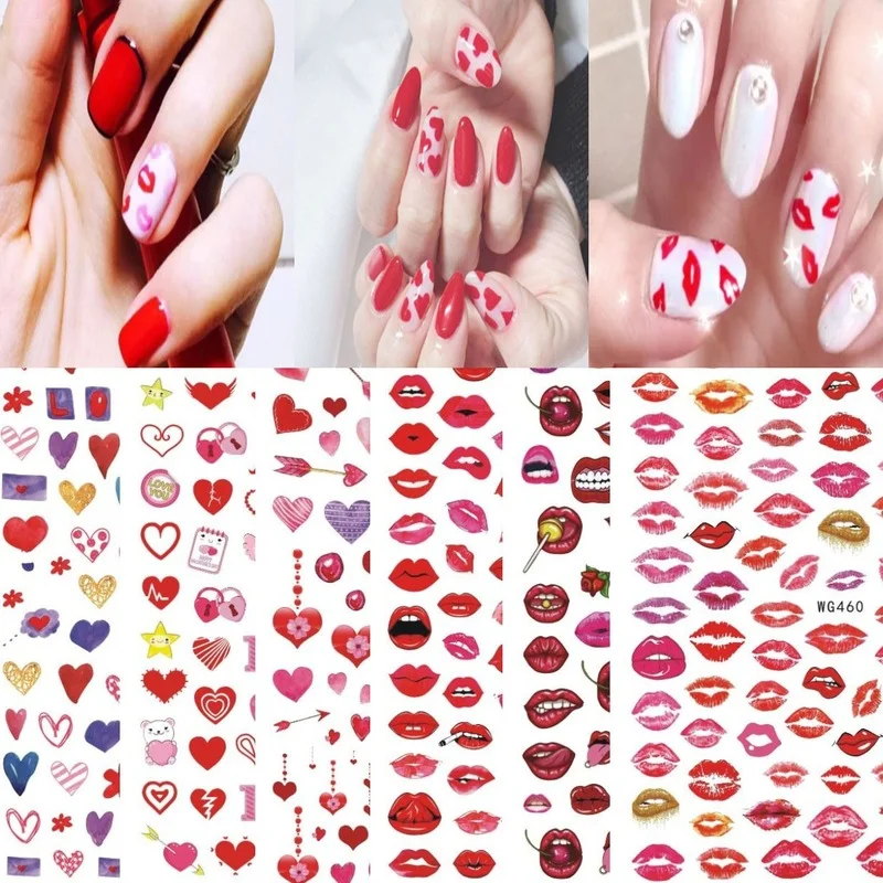 

New Valentine's Day Love Back Adhesive Nail Sticker Heart ColorEd Red Lip Series Nail Sticker