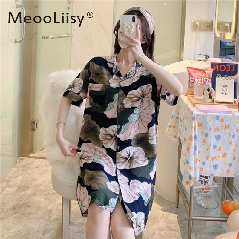 

MeooLiisy Sexy Silk Night Dress Summer Women Long Sleeve Sleepwear Flower Print Lingerie Sleepshirt Large Size Home Dress L-3XL