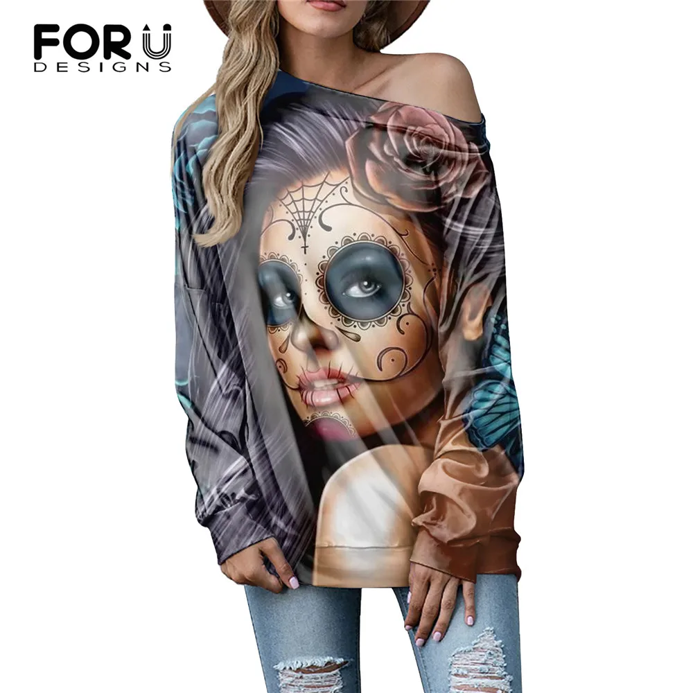 FORUDESIGNS Calavera Fashion Skull Girl Women Long Sleeve Loose T Shirts Female Autumn Casual Off Shoulder Tops Large Size Mujer kissmilk 2018 plus size hollow out women t shirts large size off shoulder long sleeve crossed female big size sexy lady tops
