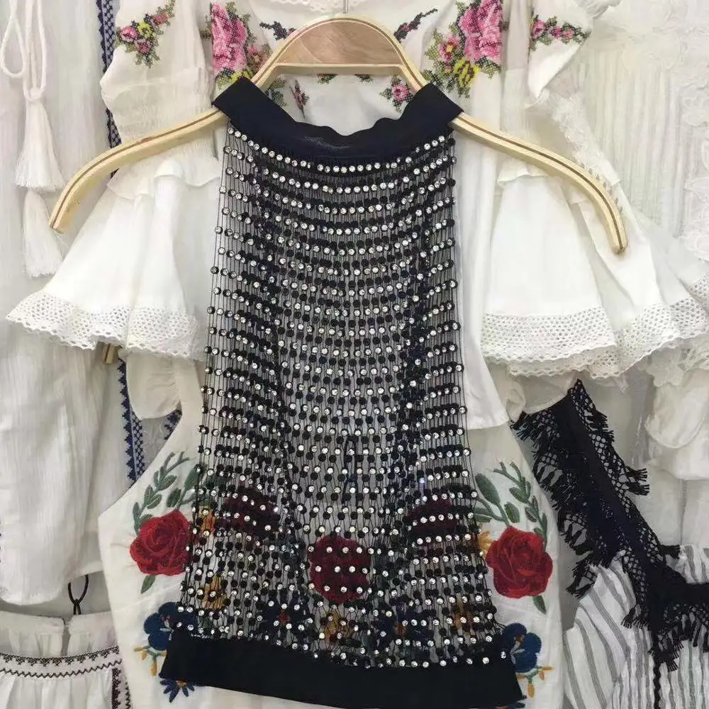 

2019 Sexy Summer Black Mesh Beads Women Mesh Top Sleeveless O Neck Sexy Fashion Clubwear Hollow Out