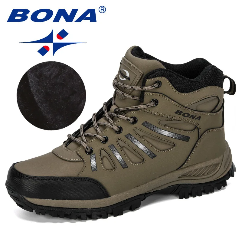 Medium Grey Black BONA/; треккинговые ботинки; мужские кожаные спортивные кроссовки для альпинизма; Zapatillas; Уличная обувь; Hombre; походная обувь; короткие плюшевые зимние ботинки - Цвет: Medium Grey Black