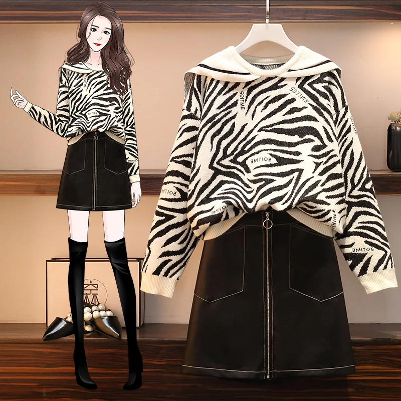 

2021 зимние Новые Большие женские жира мм с матросским воротником; Свитер с леопардовой раскраской, кожа, шнуровка, костюм с юбкой