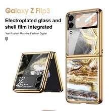 Plating Tempered Glass Phone Case For Samsung Galaxy Z Flip3 5G Flip Case Cover Marble Scratch Proof Shockproof Anti-Knock Shell