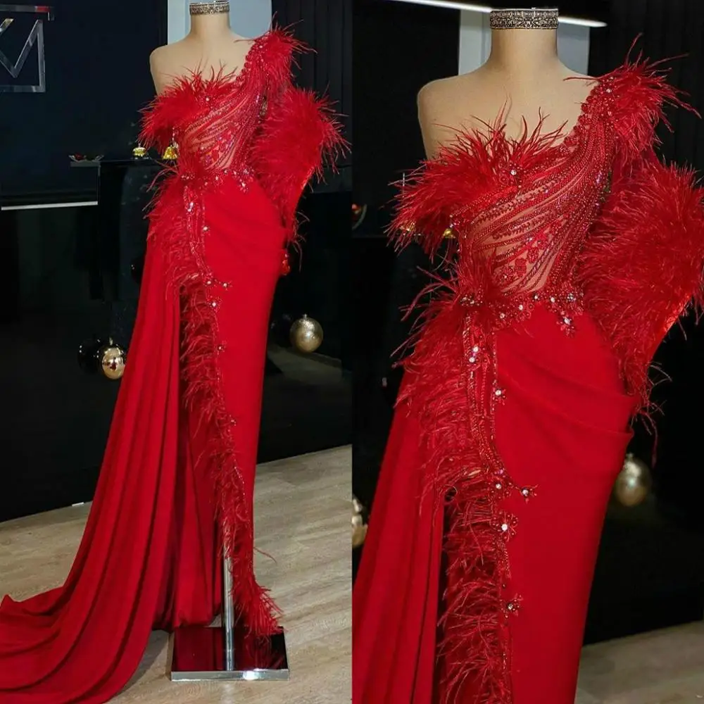 

Gorgeous Red Mermaid Prom Dress 2020 One Shoulder Feather Beading Side Split Formal Evening Gowns Robe De Soiree