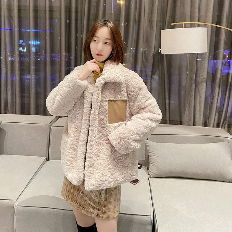 

Winter Jacket Women 2020 New Solid Faux Rabbit Fur Coat Warm Thick Fashion Loose Plush Ladies Coat Faux Fur Jacket Teddy Jacket