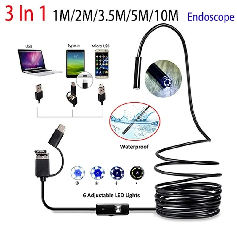 3 In 1 USB Borescope 7mm 6 LED Waterproof Camera Soft Cable For Laptop Android PC |