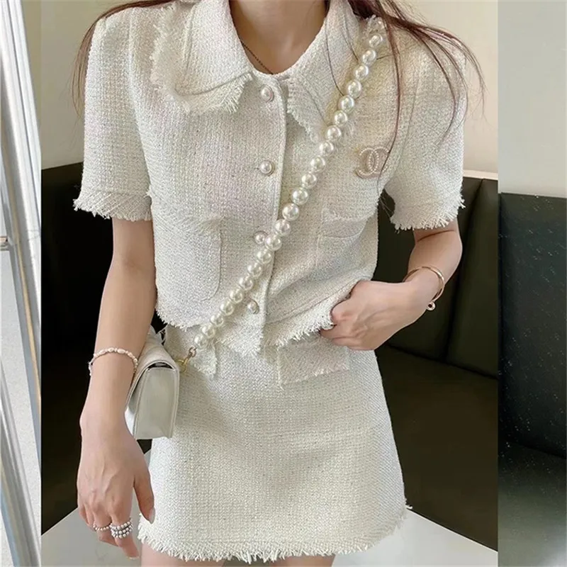 

CBAFU однотонный короткий кардиган с отложным воротником, твидовая юбка, комплект женской шерстяной юбки трапециевидной формы с бахромой и же...