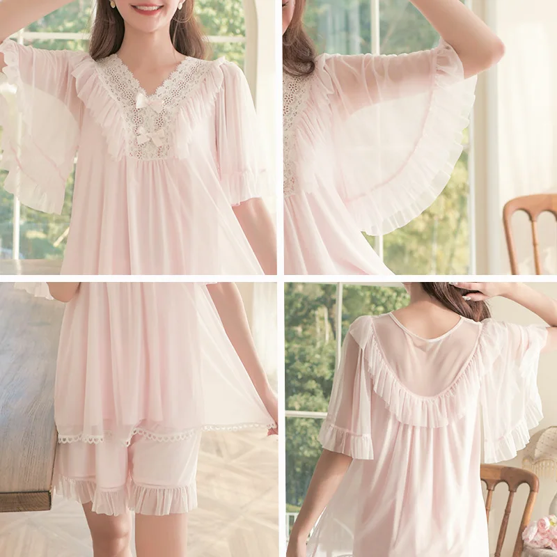 

Cute Pajamas Women Sleepwear Summer Girls Modal Mesh Lace Sleep Tops Bottoms Vintage Princess Romantic Fairy Pyjama Lounge Set
