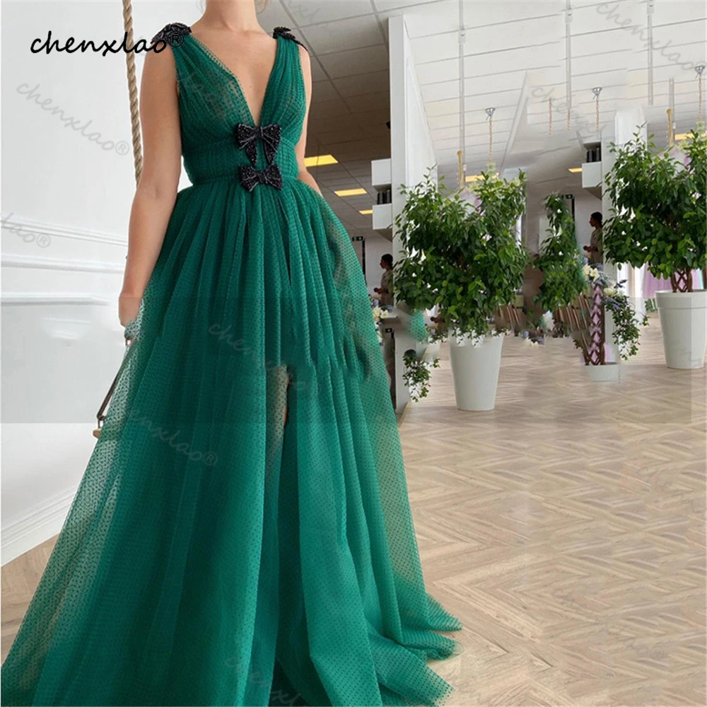 

Green Polka Dot Long Prom Dresses Pleats Deep V-Neck High Slit Evening Dress 2022 Black Beaded Bow Wedding Party Dress